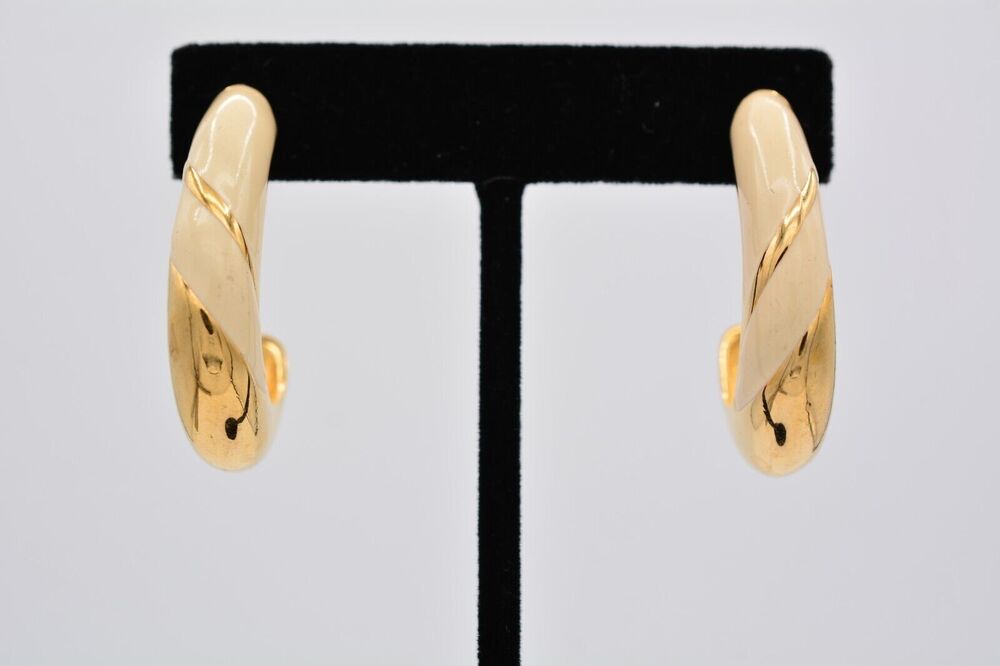 Napier Vintage Hoop Earrings Cream Enamel Gold Tone Chunky Signed 1980s BinAZ